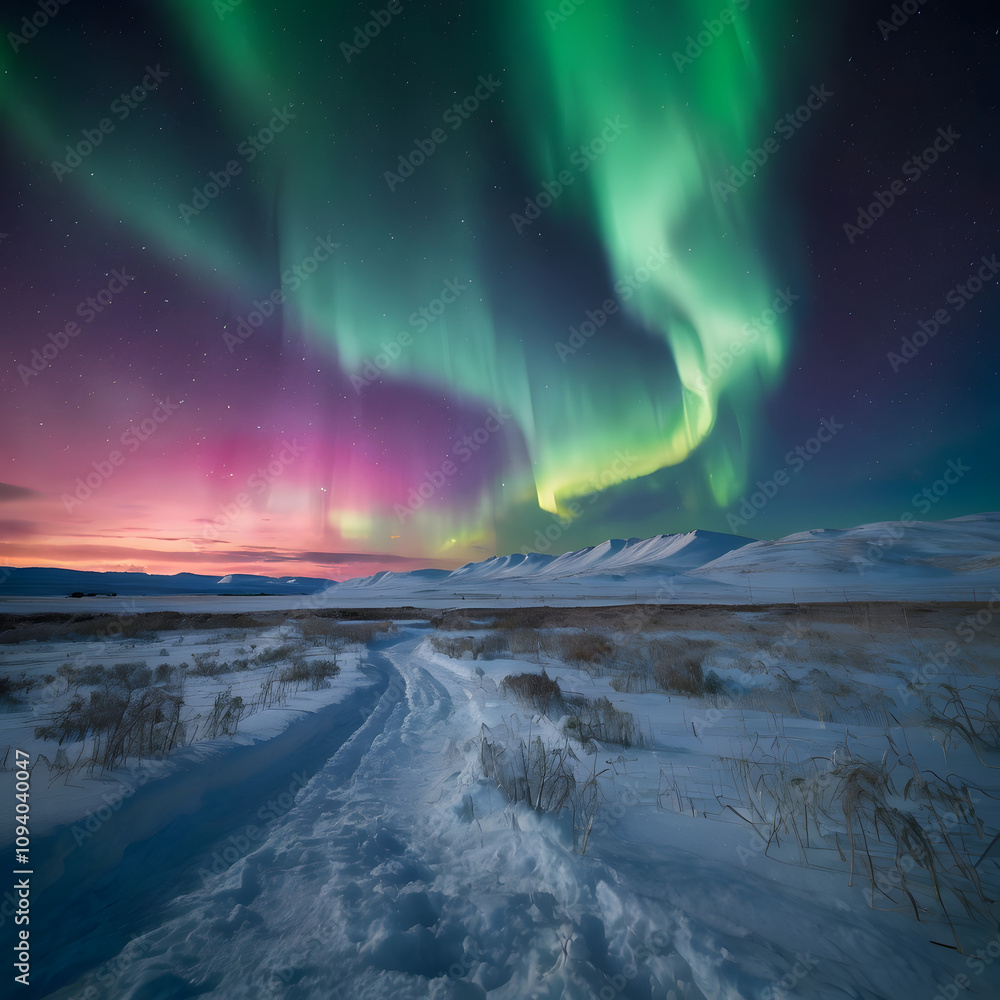 Naklejka premium Shimmering Aurora Borealis Over Snowy Plains