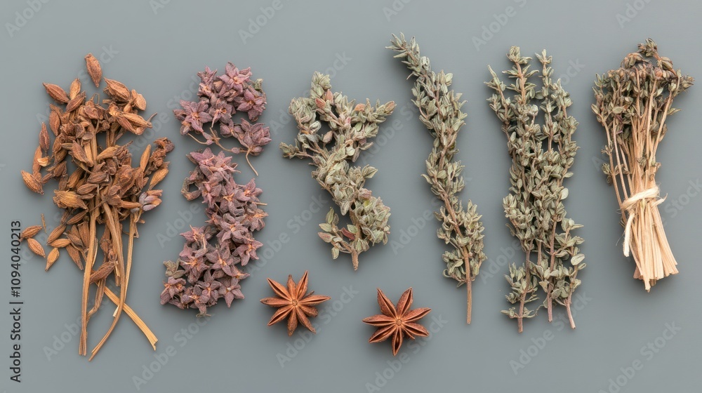 A variety of dried herbs and spices arranged neatly on a gray background. A variety of dried herbs and spices arranged neatly on a gray background.