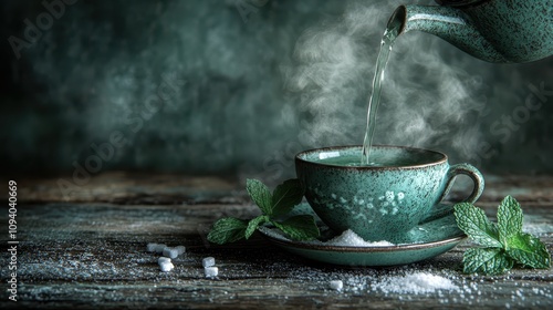Wallpaper Mural Steaming Hot Tea Mint Leaves Sugar Cubes Rustic Wooden Table Torontodigital.ca