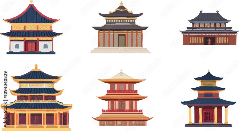 Set of traditional Chinese buildings, vector illustration with white background Set of traditional Chinese buildings, vector illustration with white background