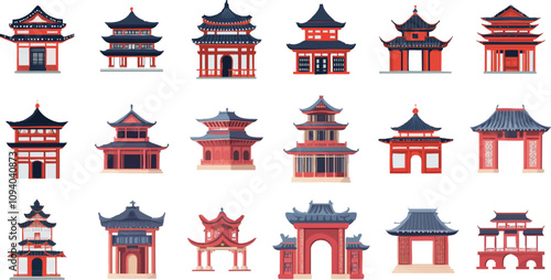 Set of traditional Chinese buildings, vector illustration with white background