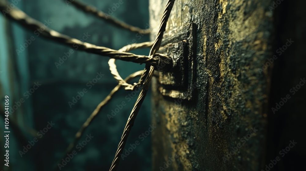 Dramatic lighting emphasizes loose strands of a worn electrical cable, evoking themes of decay and danger. Dramatic lighting emphasizes loose strands of a worn electrical cable, evoking themes of decay and danger.