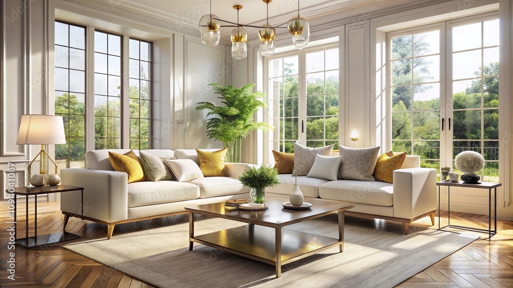 Stylish Modern Living Room with Classical Sofa and Accent Coffee Table, Bright White Décor, Large Windows, Perfect for Interior Fashion Photography Showcasing Contemporary Design Stylish Modern Living Room with Classical Sofa and Accent Coffee Table, Bright White Décor, Large Windows, Perfect for Interior Fashion Photography Showcasing Contemporary Design