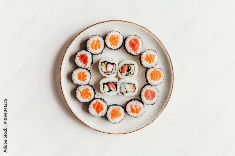 A circular plate of assorted sushi rolls arranged neatly for presentation. A circular plate of assorted sushi rolls arranged neatly for presentation.