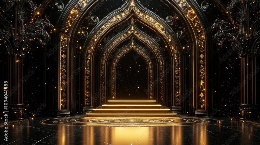 Obraz premium Elegant award stage in black and gold tones, luminous arcs, and intricate accents for regal occasions.