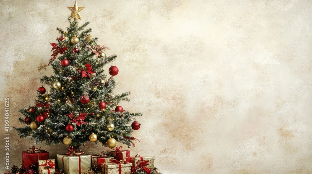 Elegant Christmas card with a green tree decorated with red and gold ornaments, presents underneath, and a cream-toned background. Elegant Christmas card with a green tree decorated with red and gold ornaments, presents underneath, and a cream-toned background.