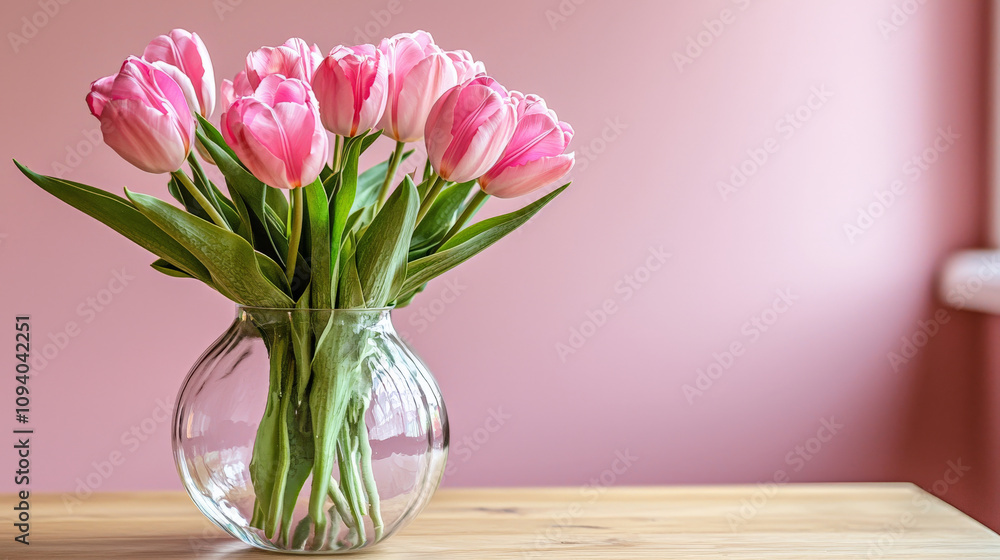 cluster of pink tulips arranged in simple bulbous vase, adding touch of elegance to room. soft pink background enhances beauty of flowers cluster of pink tulips arranged in simple bulbous vase, adding touch of elegance to room. soft pink background enhances beauty of flowers