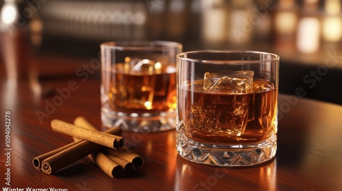 Two glasses of whiskey with ice and cinnamon sticks on a wooden table.