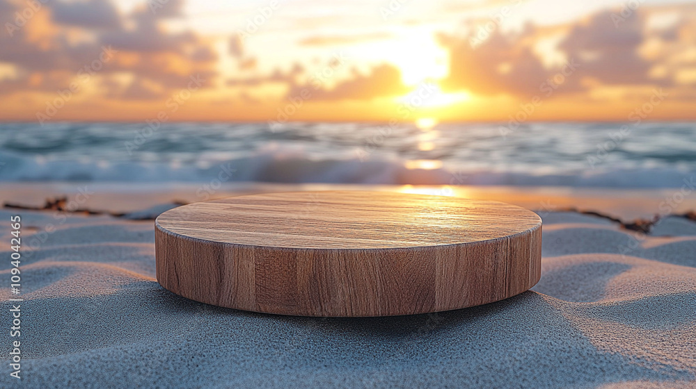 Round wooden pedestal with warm sunset lighting on seashore, ideal for product display Round wooden pedestal with warm sunset lighting on seashore, ideal for product display