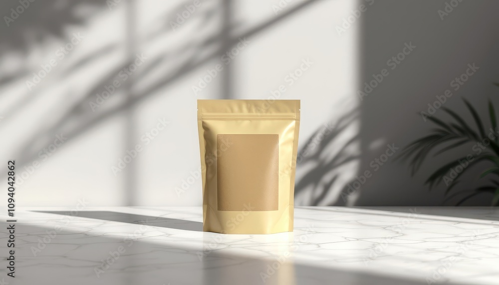 Eco-friendly packaging in sunlit minimalist setting for sustainable branding design Eco-friendly packaging in sunlit minimalist setting for sustainable branding design