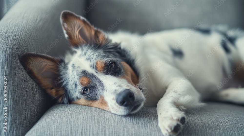 Obraz premium A relaxed dog lounging on a couch, showcasing comfort and tranquility.