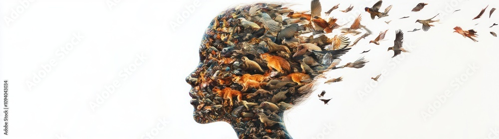 A silhouette filled with various animals, symbolizing the connection between nature and humanity. A silhouette filled with various animals, symbolizing the connection between nature and humanity.