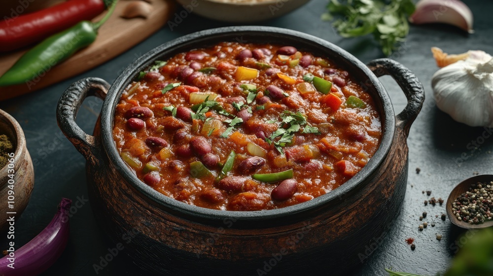 A hearty bowl of chili topped with cilantro, surrounded by fresh ingredients. A hearty bowl of chili topped with cilantro, surrounded by fresh ingredients.