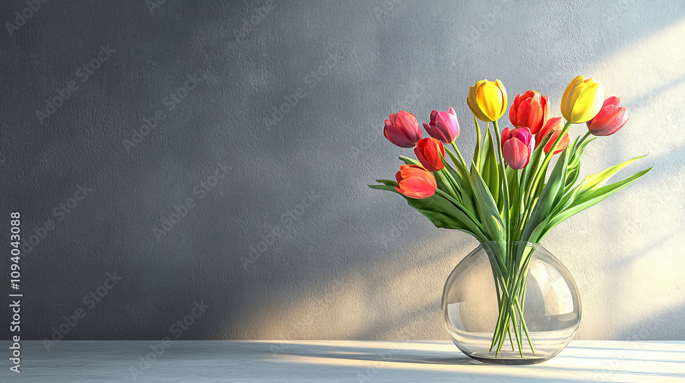 cluster of vibrant, colorful tulips in simple glass vase, showcasing their beauty against soft gray background. arrangement brings cheerful and fresh atmosphere to any space cluster of vibrant, colorful tulips in simple glass vase, showcasing their beauty against soft gray background. arrangement brings cheerful and fresh atmosphere to any space