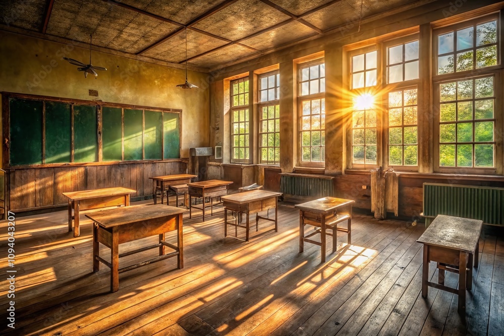 Sunlight Illuminates an Abandoned Old Classroom, Capturing the Essence of Time and Memories in a Forgotten Space Sunlight Illuminates an Abandoned Old Classroom, Capturing the Essence of Time and Memories in a Forgotten Space