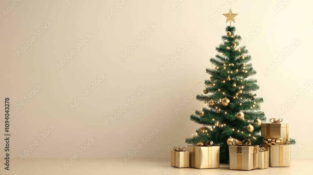Green and gold Christmas card concept showcasing a decorated tree and neatly placed presents, minimalist cream-colored background. Green and gold Christmas card concept showcasing a decorated tree and neatly placed presents, minimalist cream-colored background.