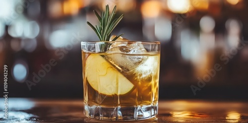 A refreshing cocktail garnished with a rosemary sprig and apple slice, served over ice.