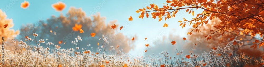 A serene autumn landscape with colorful leaves and blooming flowers under a clear blue sky. A serene autumn landscape with colorful leaves and blooming flowers under a clear blue sky.