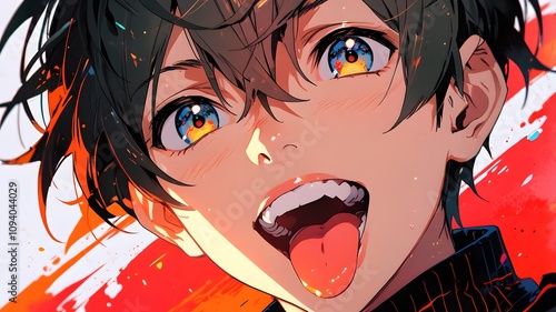 The anime boy sticks out his tongue, looking happy.
