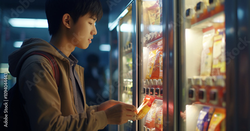 Young person selects snack from vending machine in a brightly lit, modern indoor setting during the evening