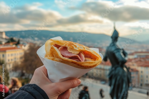 A hand holding a savory crepe against a scenic backdrop of a city landscape.