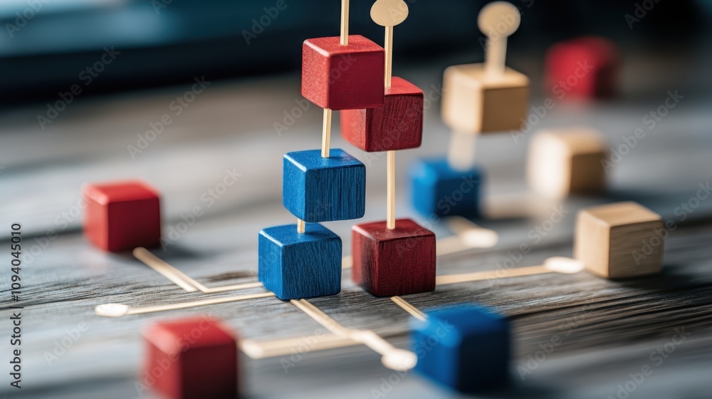 Interconnected Wooden Blocks: A network of red, blue, and beige wooden blocks, meticulously arranged to represent a complex system or interconnectedness. The image evokes concepts of strategy. Interconnected Wooden Blocks: A network of red, blue, and beige wooden blocks, meticulously arranged to represent a complex system or interconnectedness. The image evokes concepts of strategy.