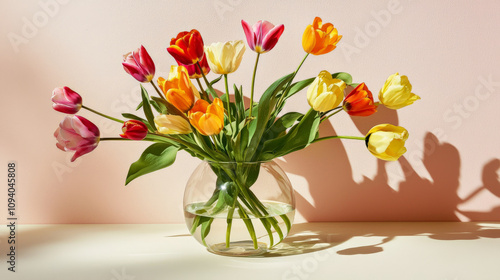 Wallpaper Mural simple clear vase filled with colorful tulips, showcasing vibrant hues and fresh greenery, creates cheerful and lively atmosphere Torontodigital.ca