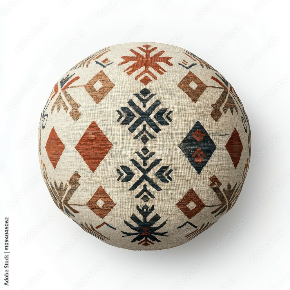 A round, patterned decorative cushion featuring geometric designs in warm colors on a light background. A round, patterned decorative cushion featuring geometric designs in warm colors on a light background.