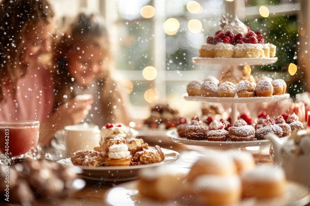 Festive dessert spread with joyful gathering. Festive dessert spread with joyful gathering.