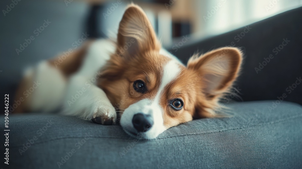 A dog resting on a couch, looking curiously. A dog resting on a couch, looking curiously.