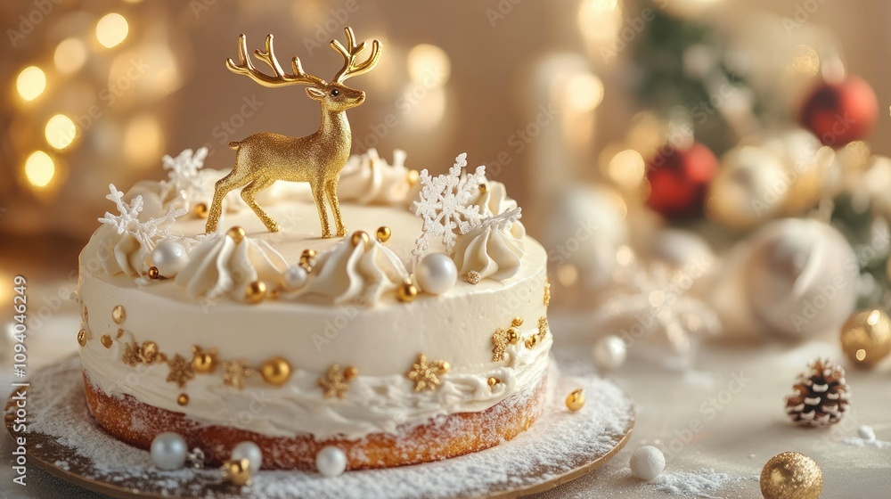 Festive cake with a golden reindeer decoration. Festive cake with a golden reindeer decoration.