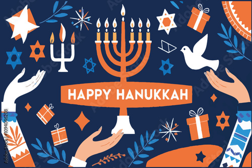 Happy Hanukkah vector illustration with a deep blue background, gift box, and design elements, is easily editable.