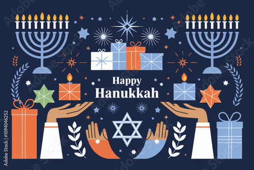 Happy Hanukkah vector illustration with a deep blue background, gift box, and design elements, is easily editable.