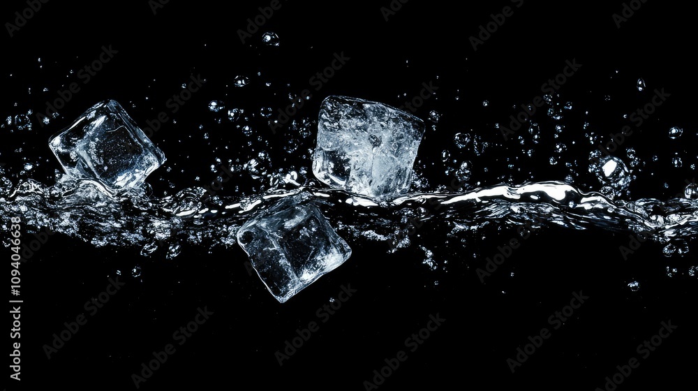 Sparkling water splash with floating ice cubes, detailed with shimmering bubbles, isolated for clarity on a transparent surface. Sparkling water splash with floating ice cubes, detailed with shimmering bubbles, isolated for clarity on a transparent surface.