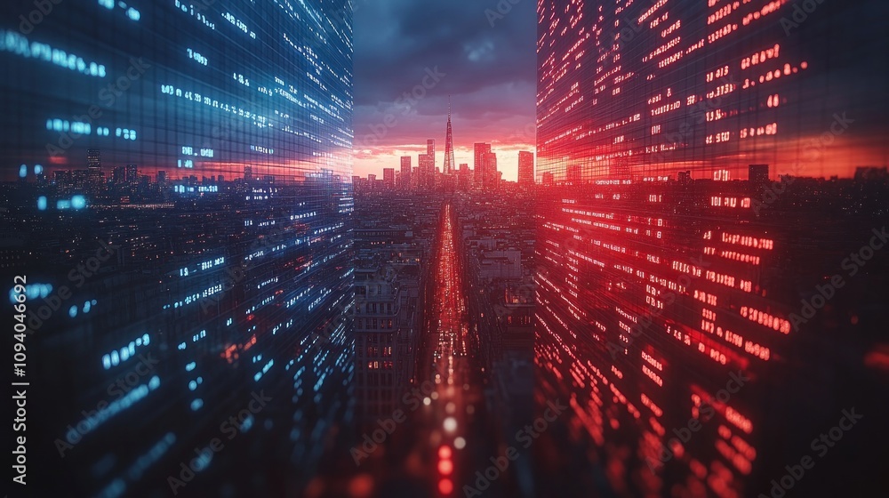 Futuristic Cityscape with Digital Reflections Futuristic Cityscape with Digital Reflections