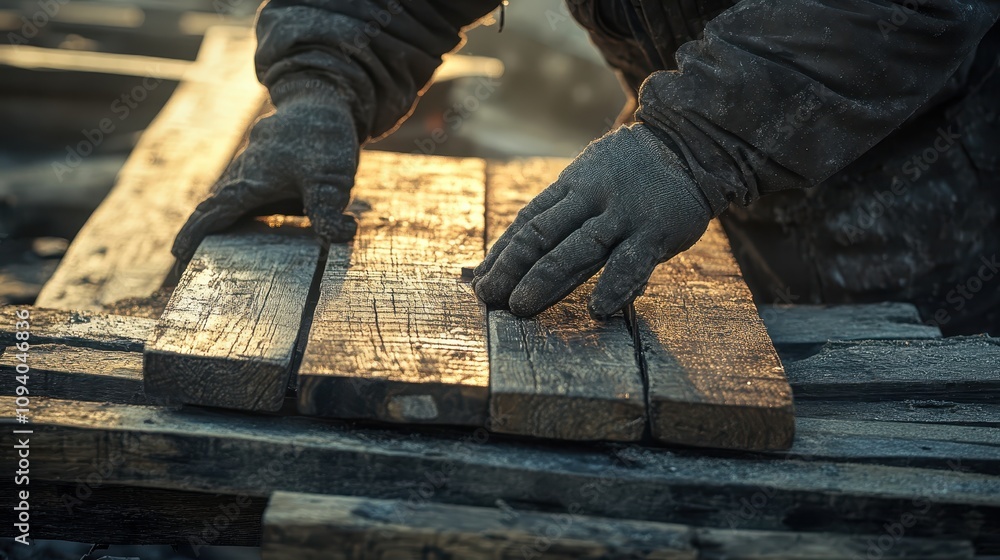 Gloved Hands Working with Reclaimed Wood Lumber at Sunset Gloved Hands Working with Reclaimed Wood Lumber at Sunset