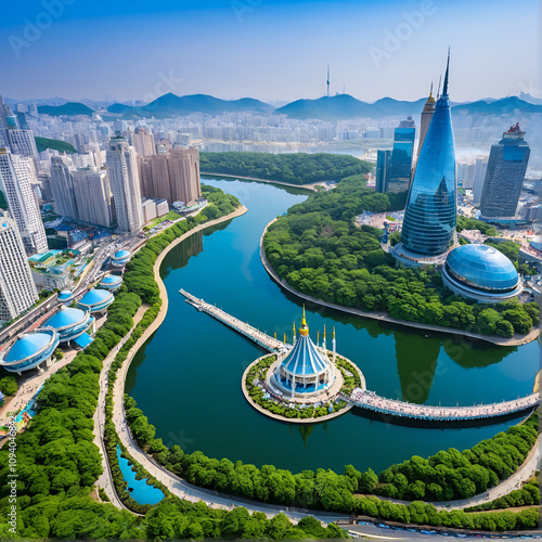 Lotte World amusement theme park around Seokchon lake, a major tourist attraction in Seoul, South Korea. photo