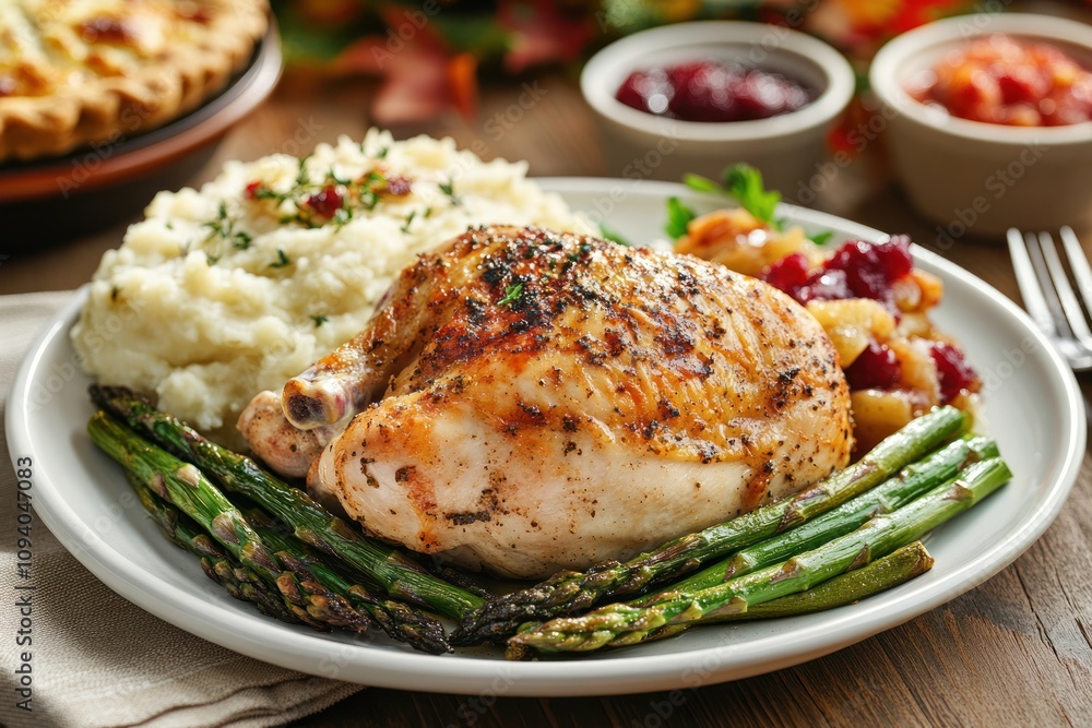 Delicious plate of roasted chicken and sides. Delicious plate of roasted chicken and sides.