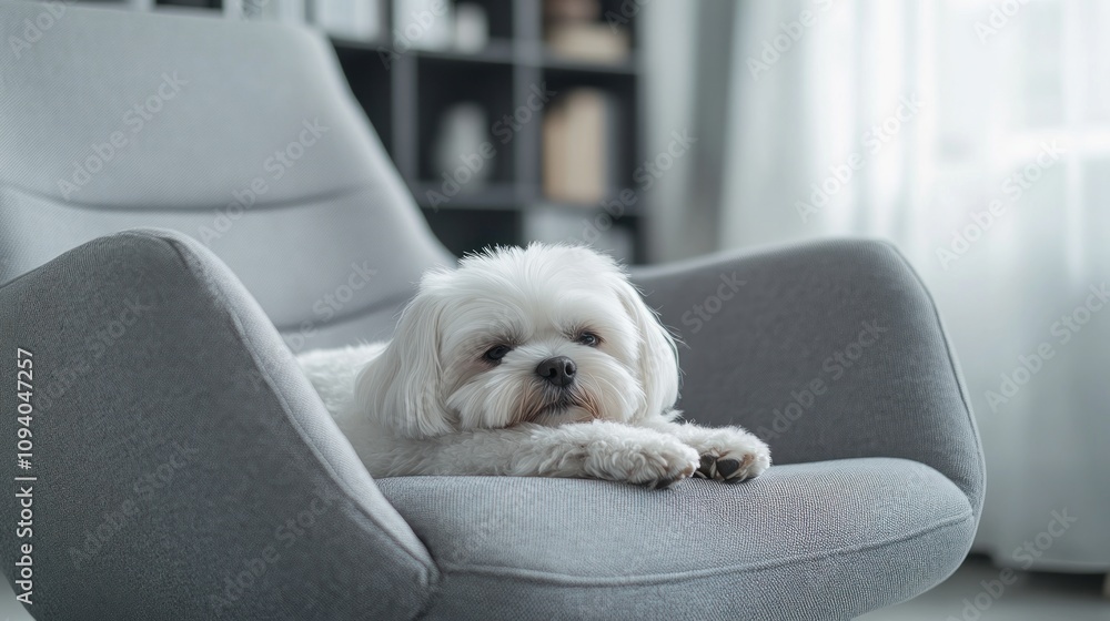 A dog resting on a cozy chair indoors. A dog resting on a cozy chair indoors.