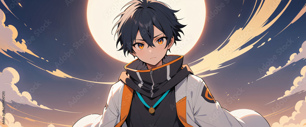 Obraz premium anime guy, a boy with dark hair has a serious facial expression, a black, white, orange, and cyan colored hoodie, and a cartoon scenery background