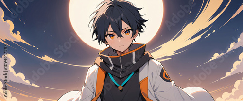 anime guy, a boy with dark hair has a serious facial expression, a black, white, orange, and cyan colored hoodie, and a cartoon scenery background photo