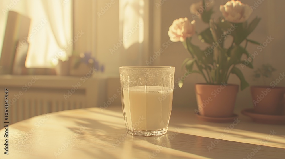 Glass of Milk with Condensation on a Sunny Table Glass of Milk with Condensation on a Sunny Table