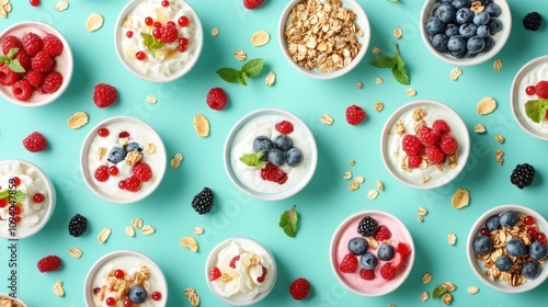 Colorful yogurt bowls with berries and granola.