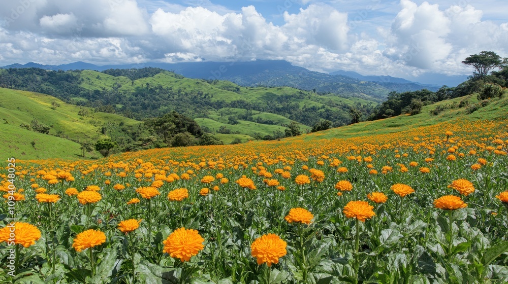 A vibrant field of orange flowers against a backdrop of rolling green hills and blue skies. A vibrant field of orange flowers against a backdrop of rolling green hills and blue skies.
