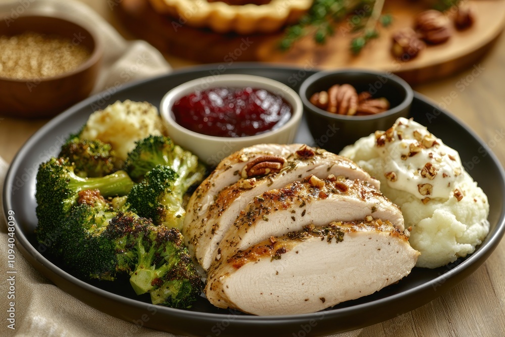 A plate with sliced chicken, vegetables, mashed potatoes, and sauce, representing a meal. A plate with sliced chicken, vegetables, mashed potatoes, and sauce, representing a meal.