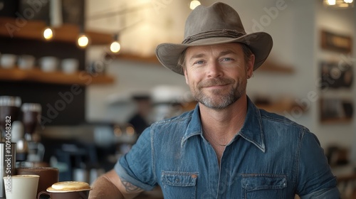 Handsome Cowboy Coffee Shop Owner Portrait Casual Denim Shirt