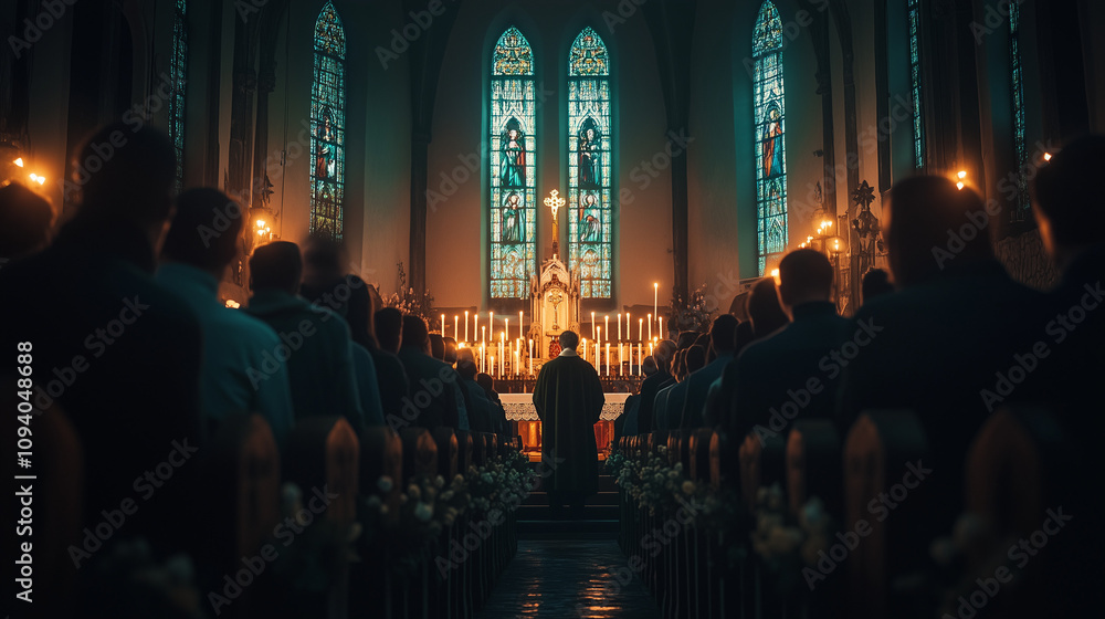 an old church with dimly lit stained glass windows, the congregation gathers in the silence of Midnight Mass, Ai generated images an old church with dimly lit stained glass windows, the congregation gathers in the silence of Midnight Mass, Ai generated images