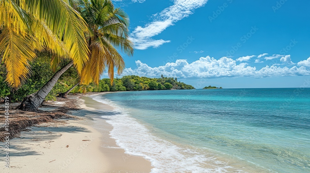 A serene beach scene with palm trees and clear blue water under a bright sky. A serene beach scene with palm trees and clear blue water under a bright sky.