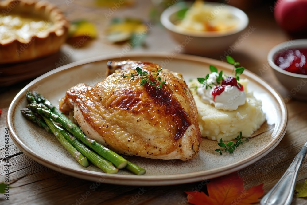 A delicious plate featuring roasted chicken, mashed potatoes, and asparagus, ideal for a meal. A delicious plate featuring roasted chicken, mashed potatoes, and asparagus, ideal for a meal.