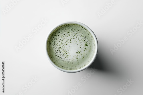 A top-down view of a cup filled with frothy green matcha tea.